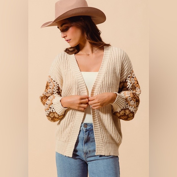 Beige ivory Flower floral granny embroidered cardigan boho bohemian sweater - Picture 10 of 16